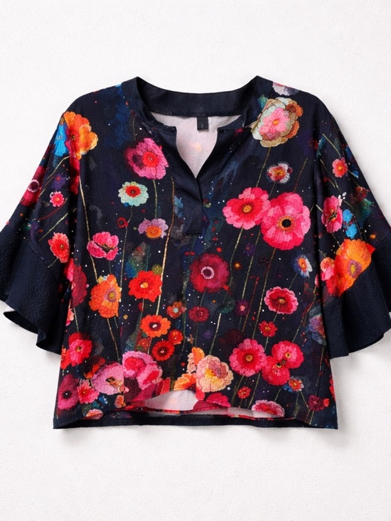 Tops - Floral Split-Neck Flutter Sleeve Top - Turquoise with Pink & Red Blooms